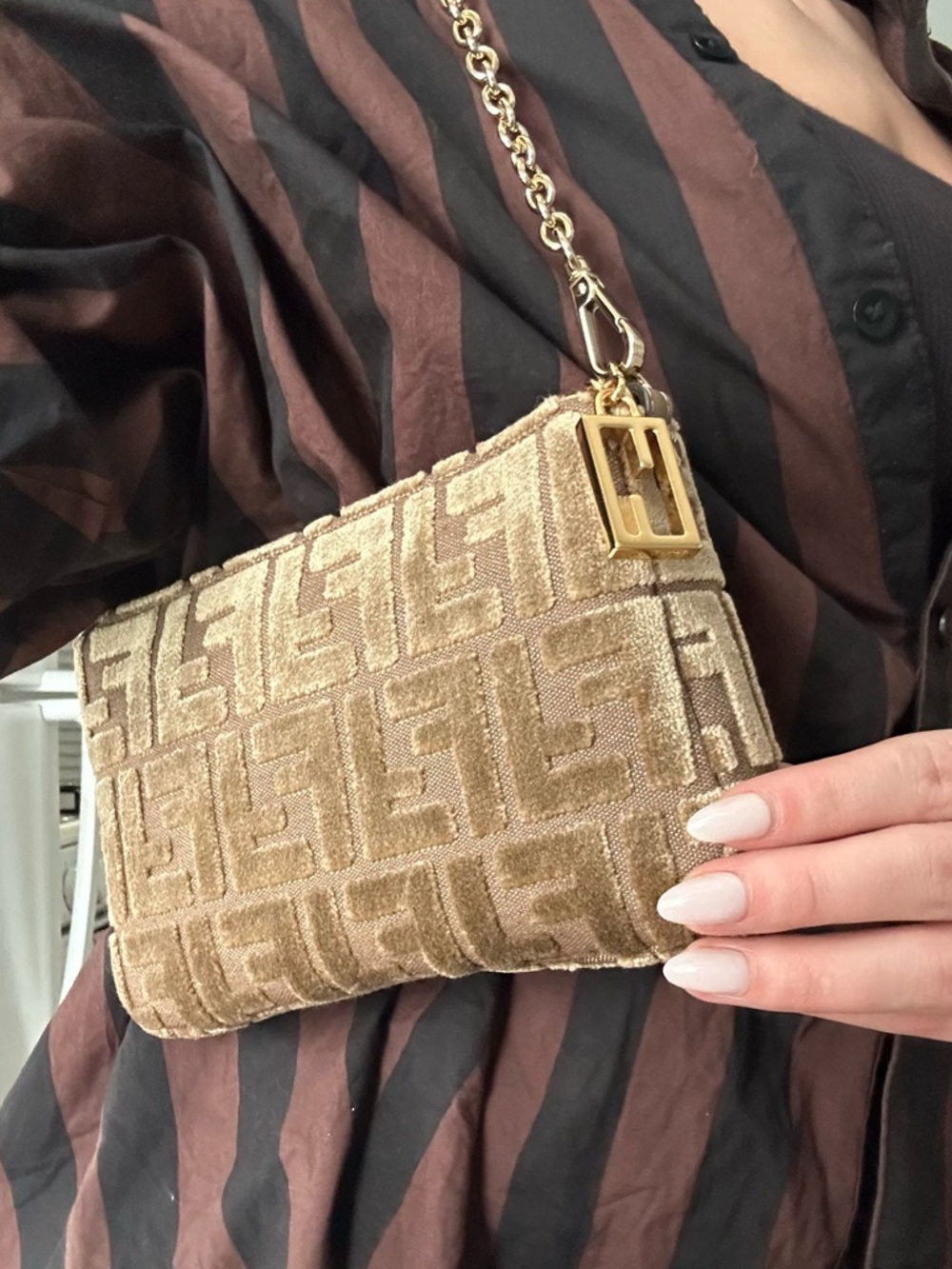 Fendi Gold-Tone Beige FF Mini Chain Bag